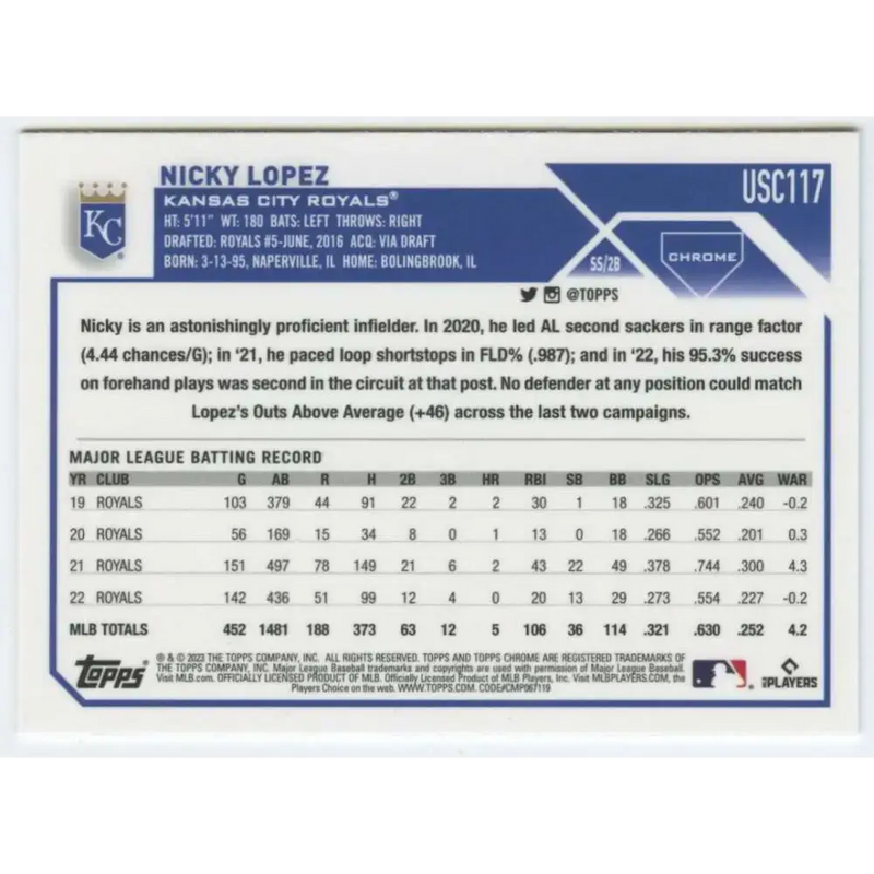 2023 Topps Chrome Update #USC117 Nicky Lopez NM-MT Kansas City Royals Baseball Card - Baseball Card Single