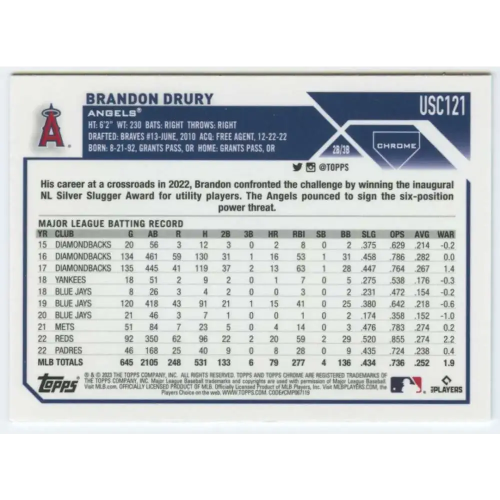 2023 Topps Chrome Update #USC121 Brandon Drury NM-MT Los Angeles Angels Baseball Card - Baseball Card Single