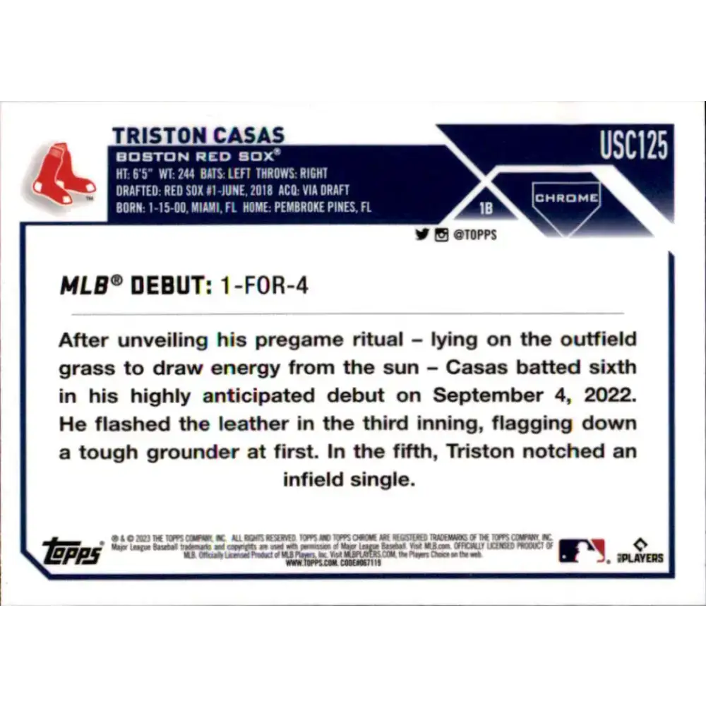 2023 Topps Chrome Update #USC125 Triston Casas NM-MT Boston Red Sox Baseball Card - Baseball Card Single