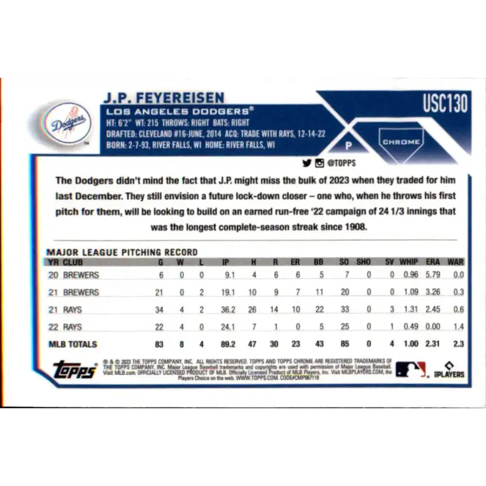 2023 Topps Chrome Update #USC130 J.P. Feyereisen NM-MT Los Angeles Dodgers Baseball Card - Baseball Card Single