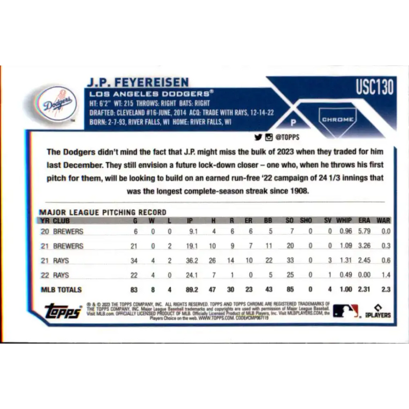 2023 Topps Chrome Update #USC130 J.P. Feyereisen NM-MT Los Angeles Dodgers Baseball Card - Baseball Card Single