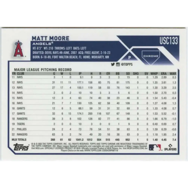 2023 Topps Chrome Update #USC133 Matt Moore NM-MT Los Angeles Angels Baseball Card - Baseball Card Single