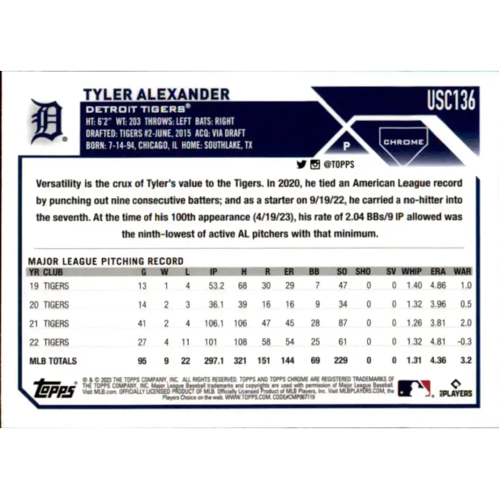 2023 Topps Chrome Update #USC136 Tyler Alexander NM-MT Detroit Tigers Baseball Card - Baseball Card Single