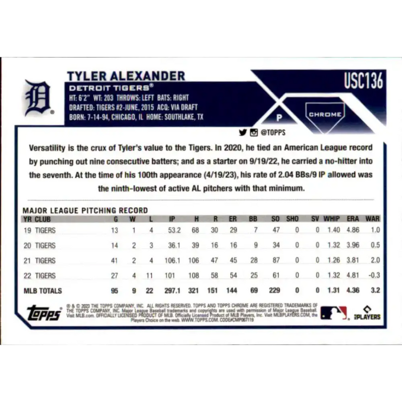 2023 Topps Chrome Update #USC136 Tyler Alexander NM-MT Detroit Tigers Baseball Card - Baseball Card Single