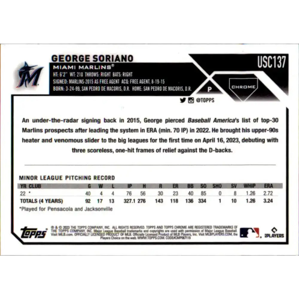 2023 Topps Chrome Update #USC137 George Soriano NM-MT RC Rookie Miami Marlins Baseball Card - Baseball Card Single
