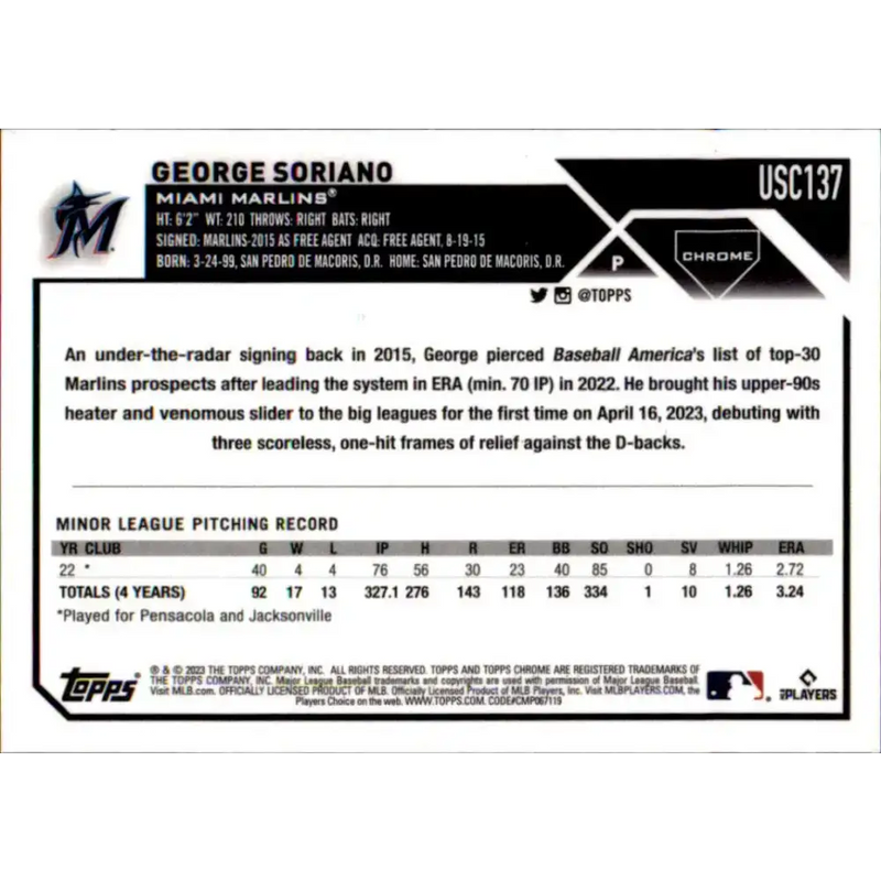 2023 Topps Chrome Update #USC137 George Soriano NM-MT RC Rookie Miami Marlins Baseball Card - Baseball Card Single
