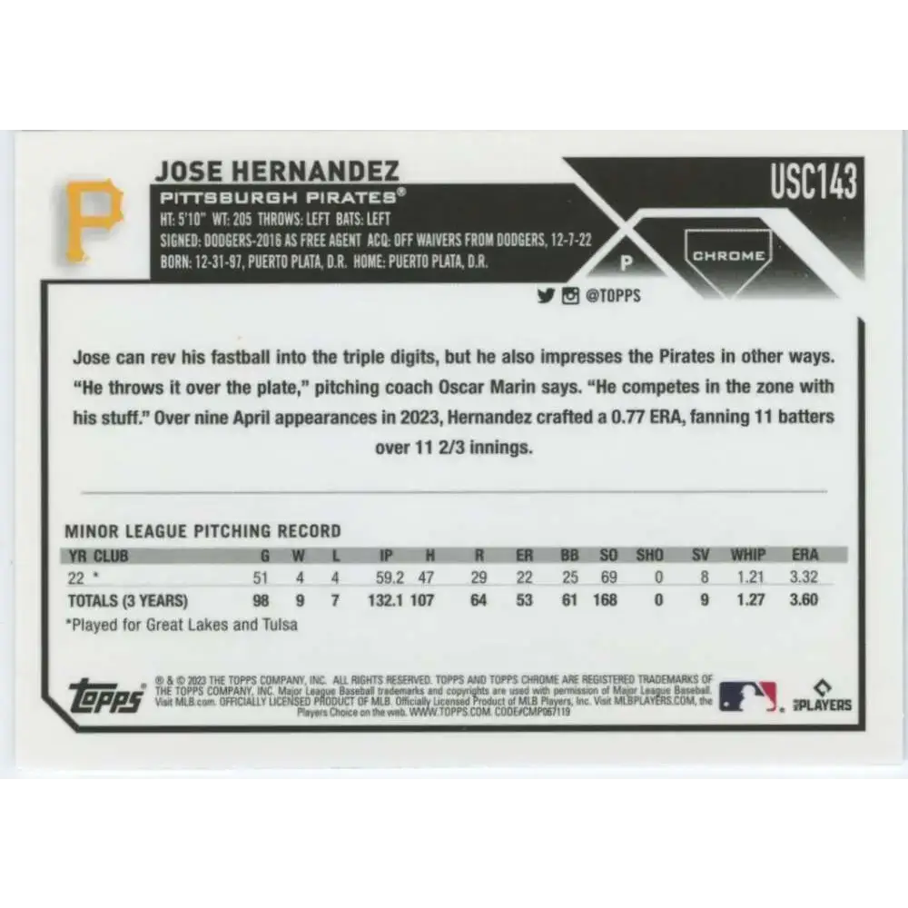 2023 Topps Chrome Update #USC143 Jose Hernandez NM-MT RC Rookie Pittsburgh Pirates Baseball Card - Baseball Card Single