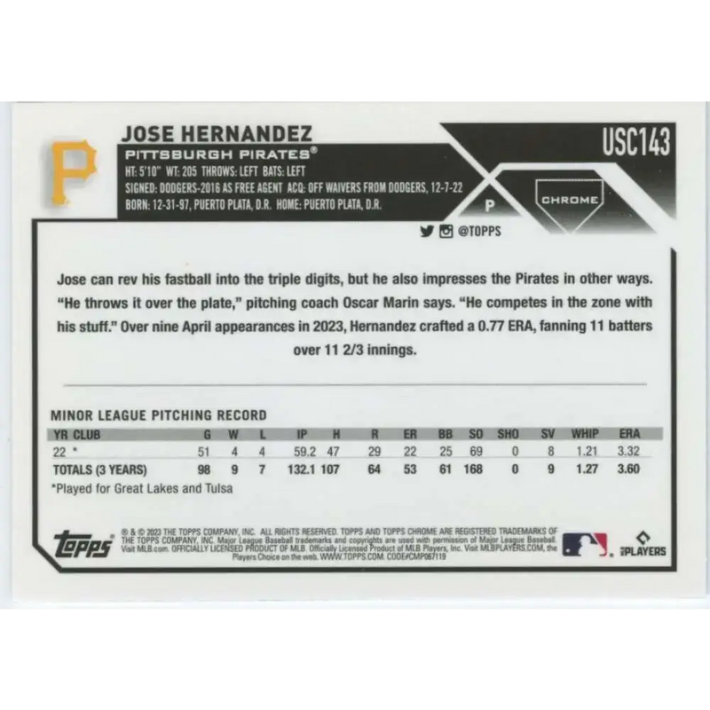 2023 Topps Chrome Update #USC143 Jose Hernandez NM-MT RC Rookie Pittsburgh Pirates Baseball Card - Baseball Card Single