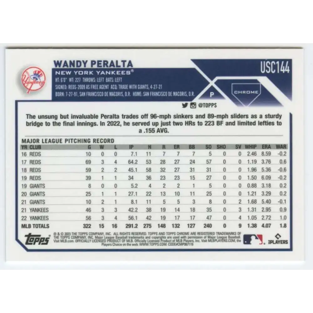 2023 Topps Chrome Update #USC144 Wandy Peralta NM-MT New York Yankees Baseball Card - Baseball Card Single