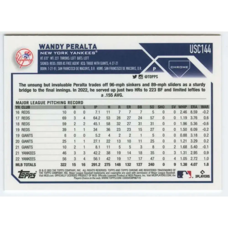 2023 Topps Chrome Update #USC144 Wandy Peralta NM-MT New York Yankees Baseball Card - Baseball Card Single