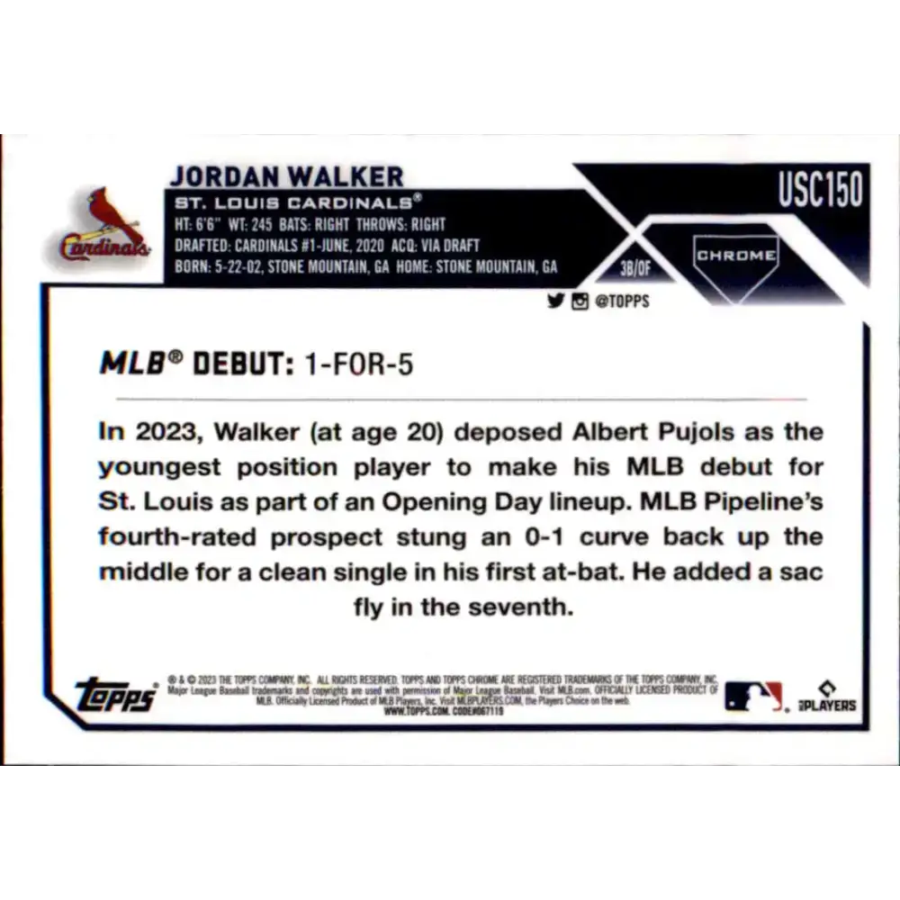2023 Topps Chrome Update #USC150 Jordan Walker NM-MT St. Louis Cardinals Baseball Card - Baseball Card Single