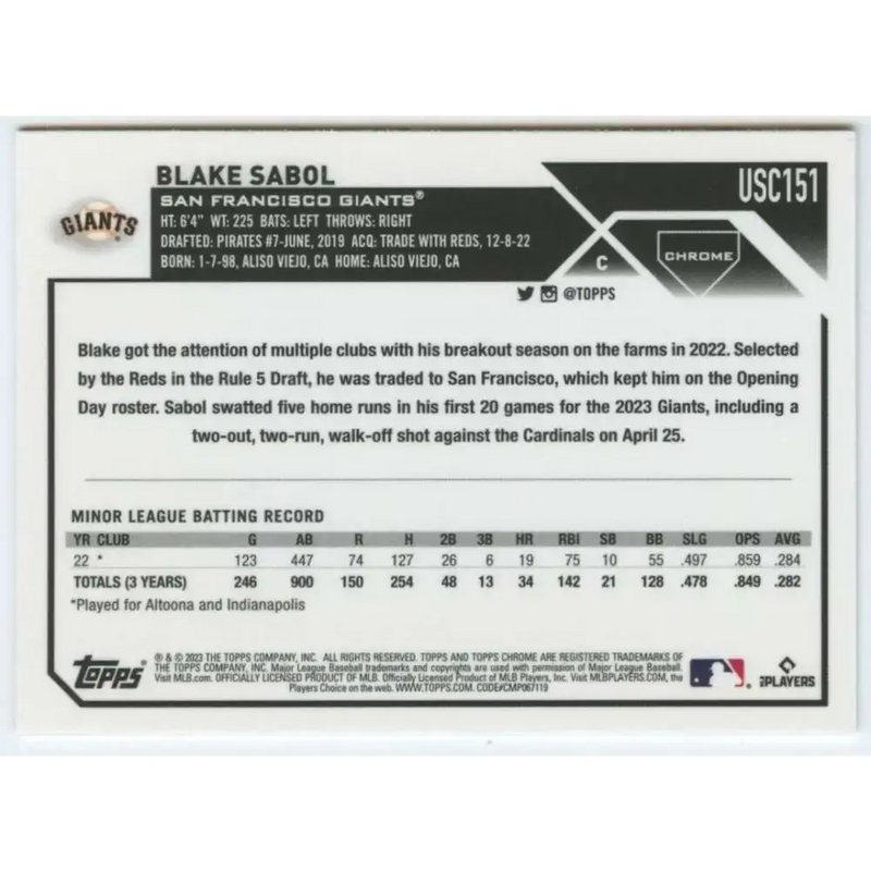 2023 Topps Chrome Update #USC151 Blake Sabol NM-MT RC Rookie San Francisco Giants Baseball Card - Baseball Card Single