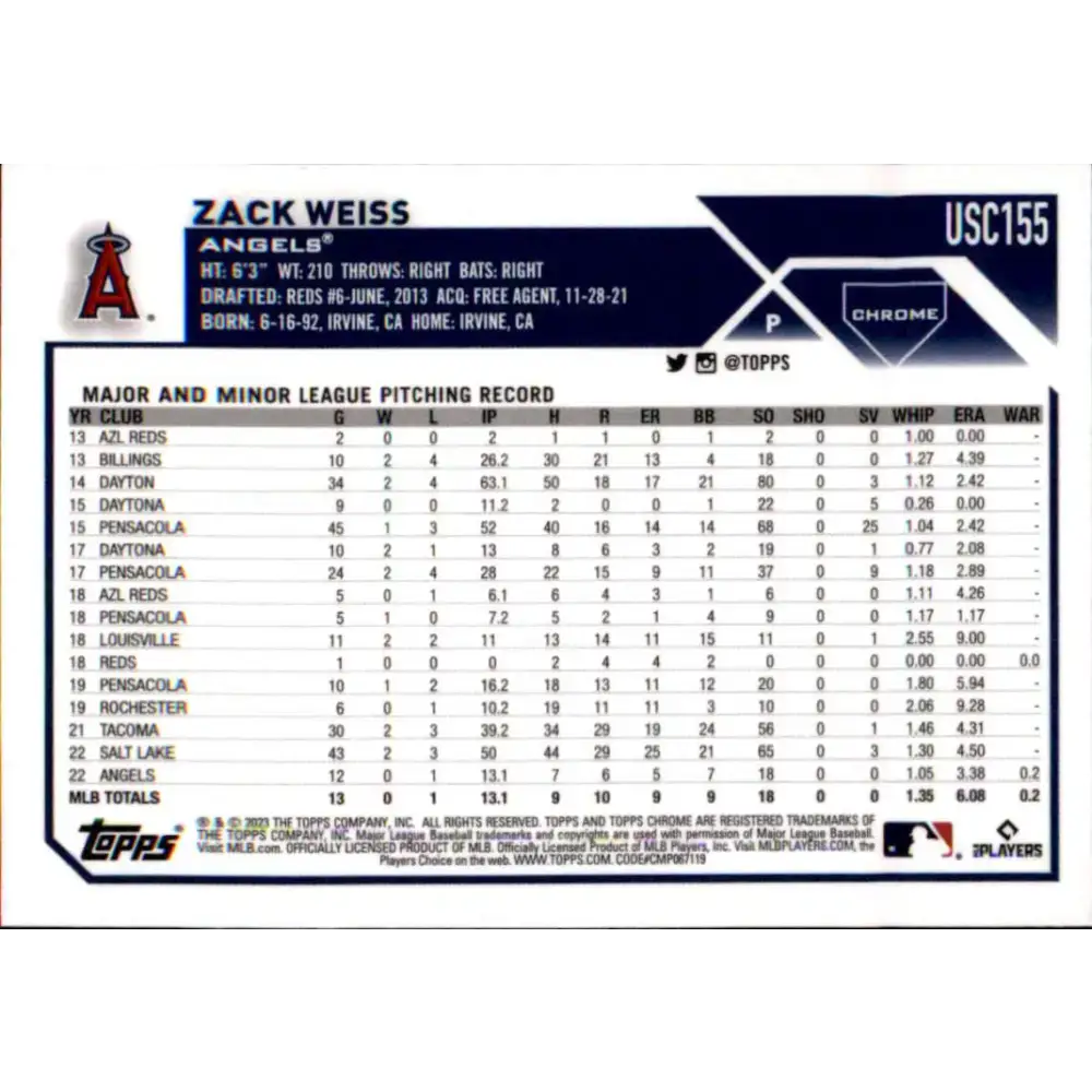 2023 Topps Chrome Update #USC155 Zack Weiss NM-MT RC Rookie Los Angeles Angels Baseball Card - Baseball Card Single