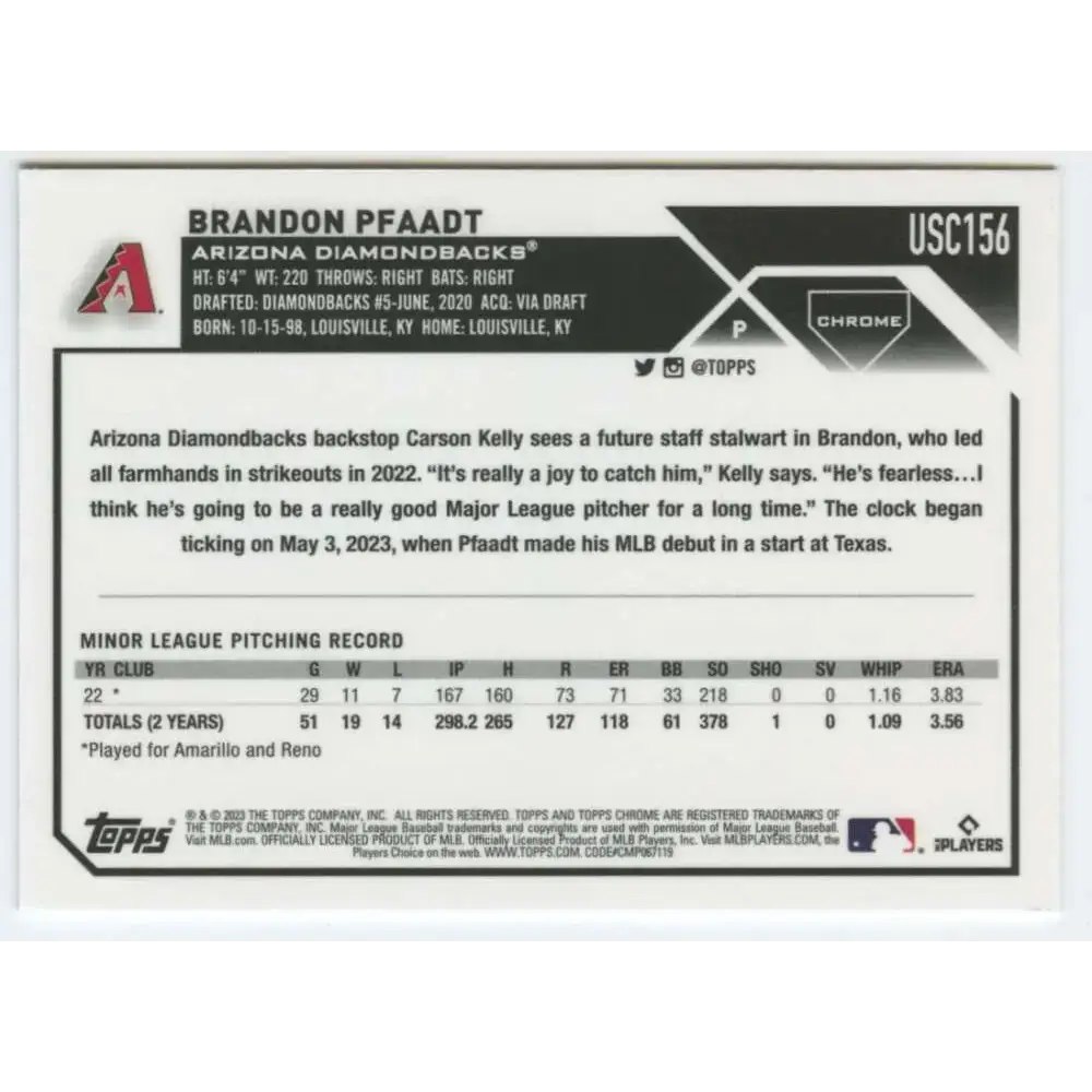 2023 Topps Chrome Update #USC156 Brandon Pfaadt NM-MT RC Rookie Arizona Diamondbacks Baseball Card - Baseball Card