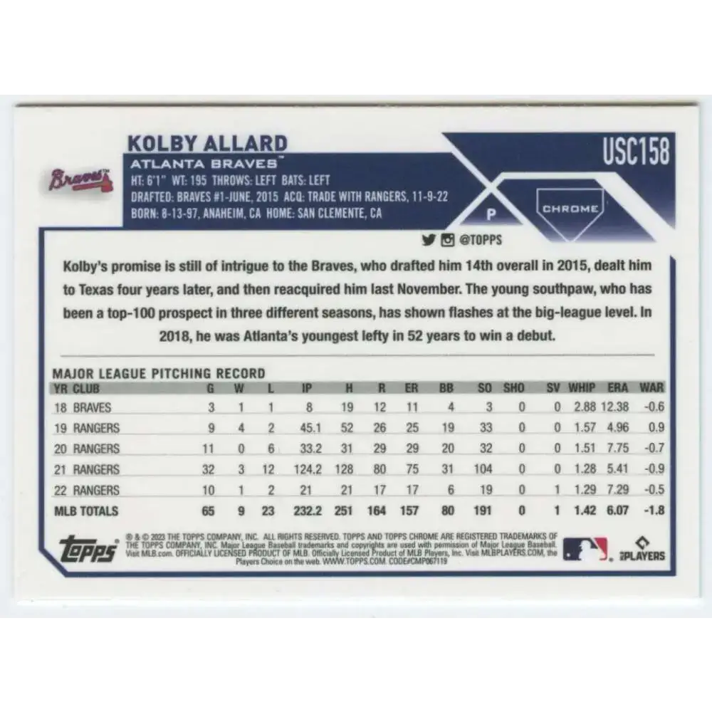2023 Topps Chrome Update #USC158 Kolby Allard NM-MT Atlanta Braves Baseball Card - Baseball Card Single