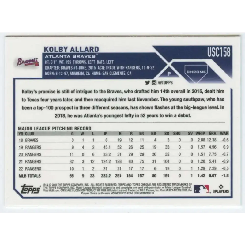 2023 Topps Chrome Update #USC158 Kolby Allard NM-MT Atlanta Braves Baseball Card - Baseball Card Single