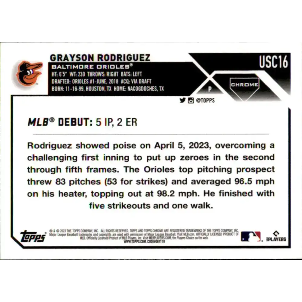 2023 Topps Chrome Update #USC16 Grayson Rodriguez NM-MT Baltimore Orioles Baseball Card - Baseball Card Single