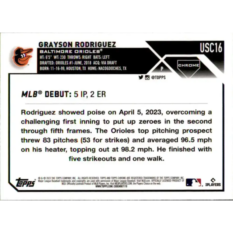 2023 Topps Chrome Update #USC16 Grayson Rodriguez NM-MT Baltimore Orioles Baseball Card - Baseball Card Single