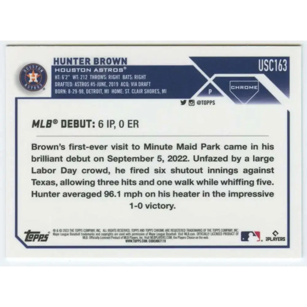 2023 Topps Chrome Update #USC163 Hunter Brown NM-MT Houston Astros Baseball Card - Baseball Card Single