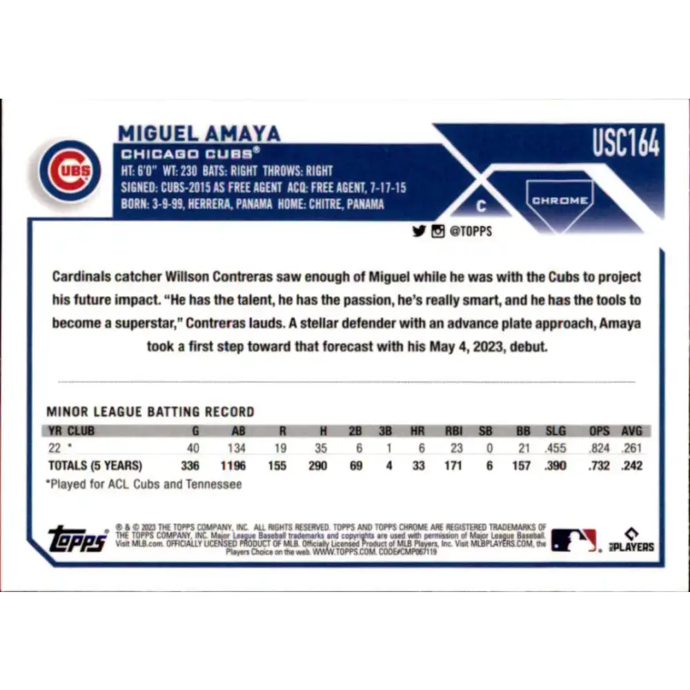 2023 Topps Chrome Update #USC164 Miguel Amaya NM-MT RC Rookie Chicago Cubs Baseball Card - Baseball Card Single