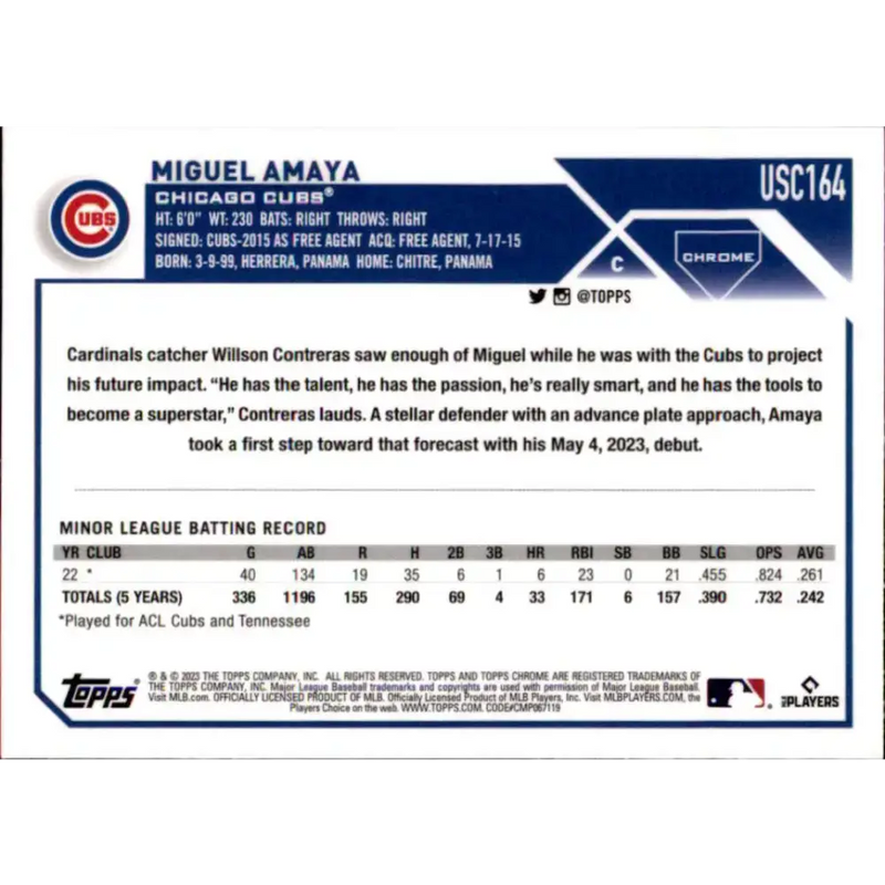 2023 Topps Chrome Update #USC164 Miguel Amaya NM-MT RC Rookie Chicago Cubs Baseball Card - Baseball Card Single