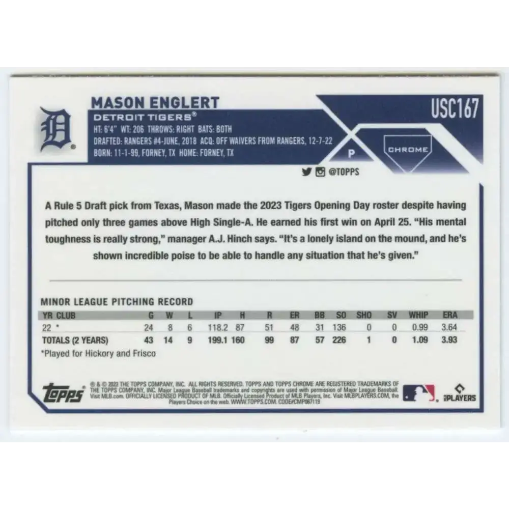 2023 Topps Chrome Update #USC167 Mason Englert NM-MT RC Rookie Detroit Tigers Baseball Card - Baseball Card Single