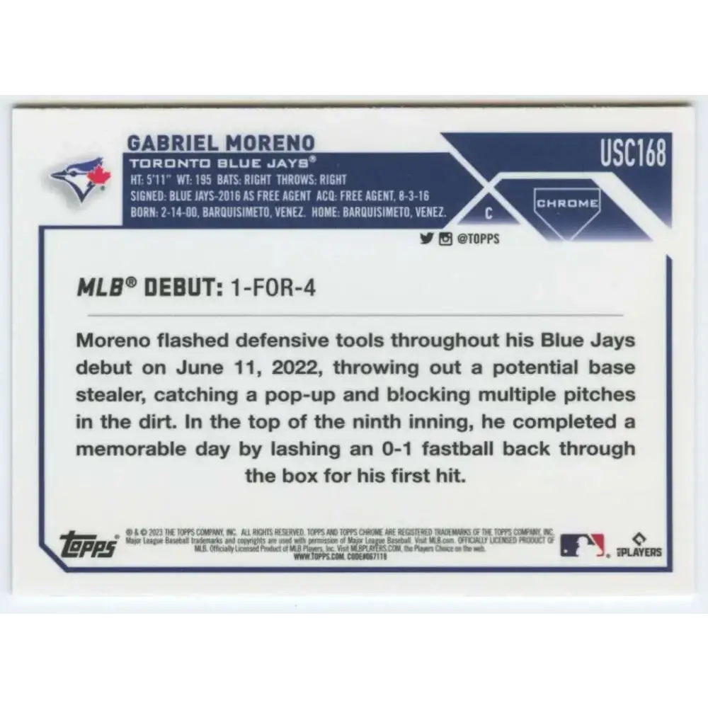 2023 Topps Chrome Update #USC168 Gabriel Moreno NM-MT Toronto Blue Jays Baseball Card - Baseball Card Single
