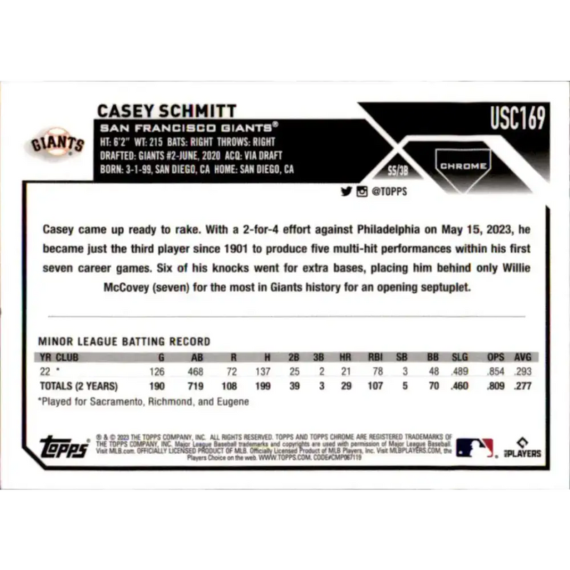 2023 Topps Chrome Update #USC169 Casey Schmitt NM-MT RC Rookie San Francisco Giants Baseball Card - Baseball Card Single