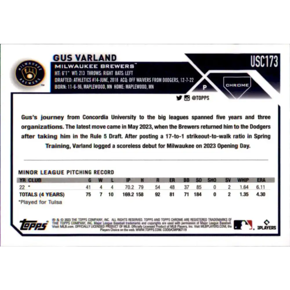 2023 Topps Chrome Update #USC173 Gus Varland NM-MT RC Rookie Milwaukee Brewers Baseball Card - Baseball Card Single