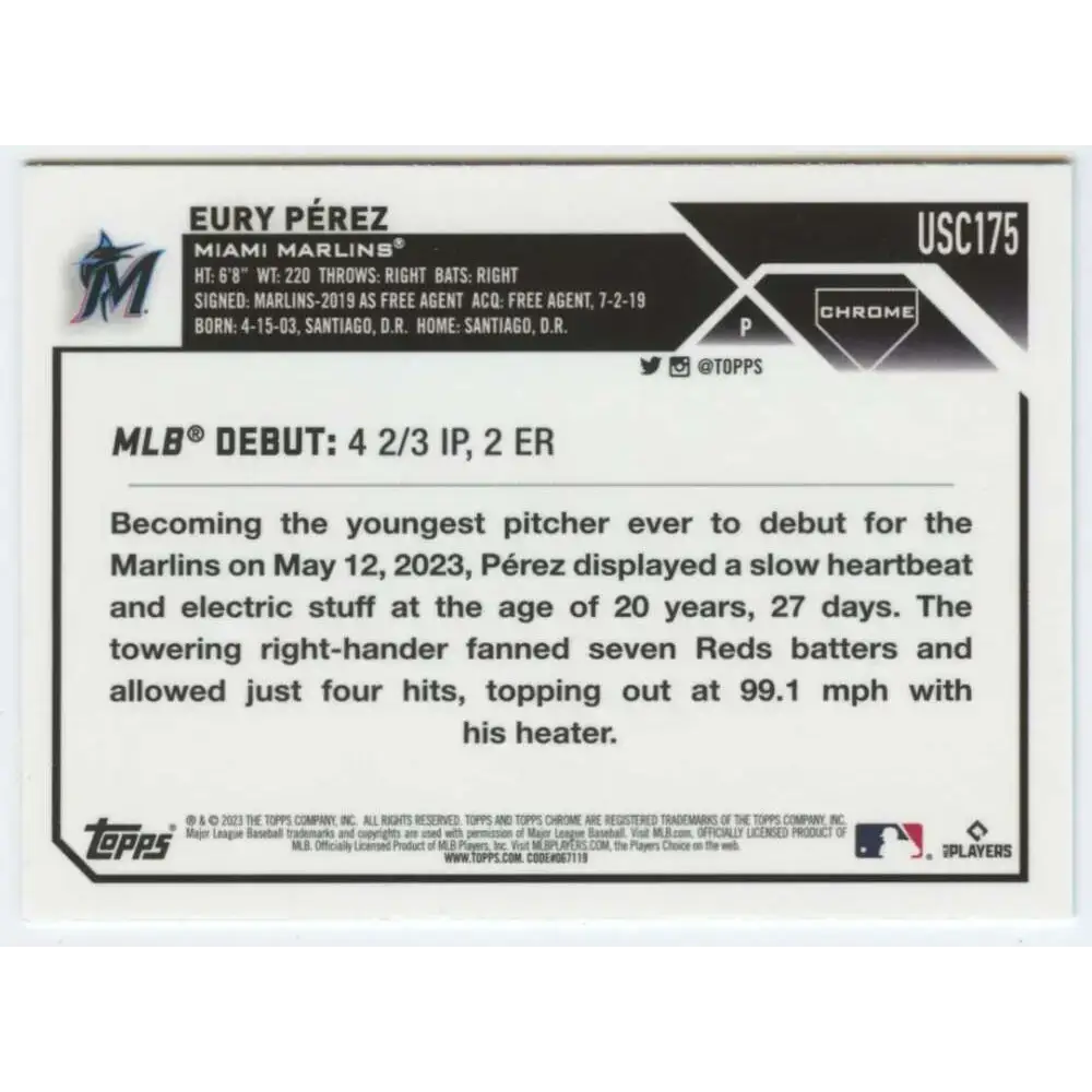 2023 Topps Chrome Update #USC175 Eury Perez NM-MT Miami Marlins Baseball Card - Baseball Card Single