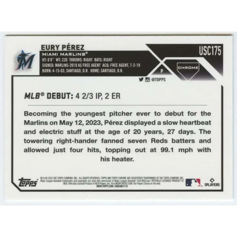 2023 Topps Chrome Update #USC175 Eury Perez NM-MT Miami Marlins Baseball Card - Baseball Card Single