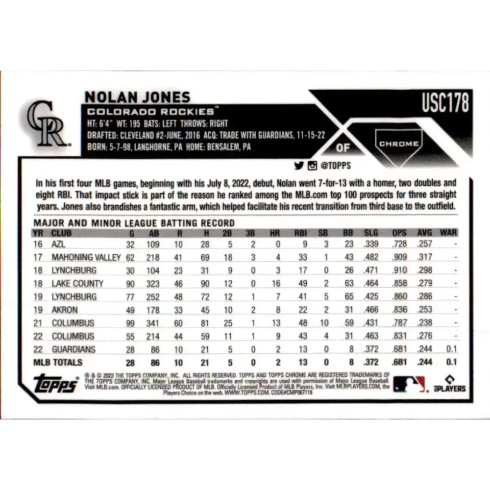 2023 Topps Chrome Update #USC178 Nolan Jones NM-MT RC Rookie Colorado Rockies Baseball Card - Baseball Card Single