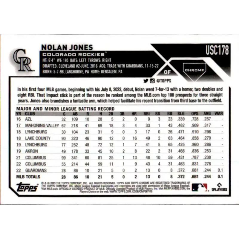 2023 Topps Chrome Update #USC178 Nolan Jones NM-MT RC Rookie Colorado Rockies Baseball Card - Baseball Card Single
