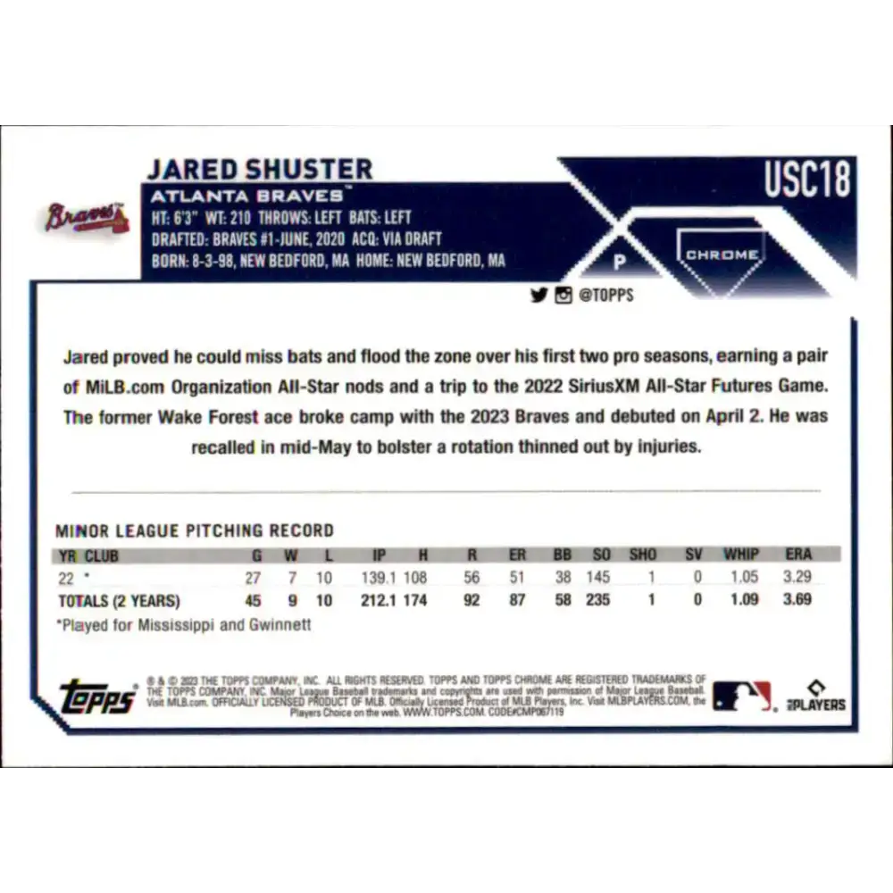 2023 Topps Chrome Update #USC18 Jared Shuster NM-MT RC Rookie Atlanta Braves Baseball Card - Baseball Card Single
