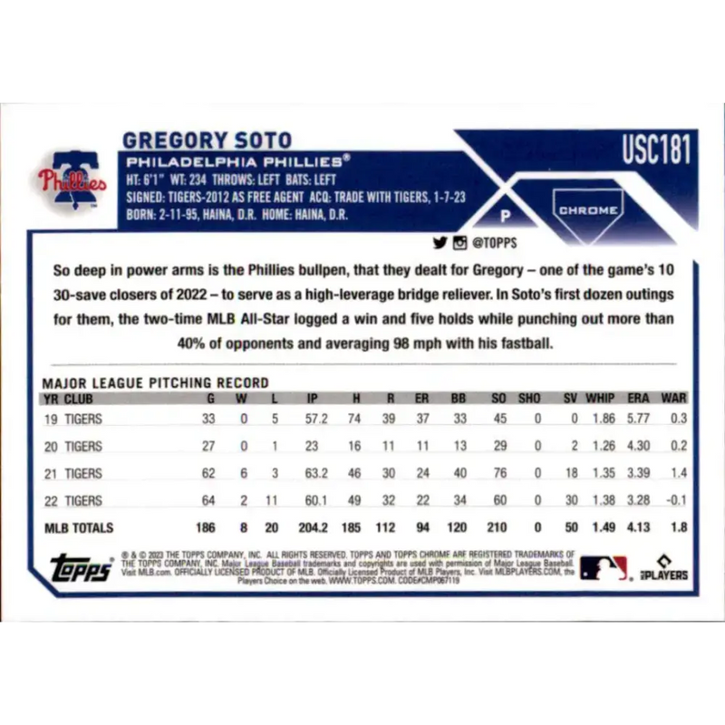 2023 Topps Chrome Update #USC181 Gregory Soto NM-MT Philadelphia Phillies Baseball Card - Baseball Card Single