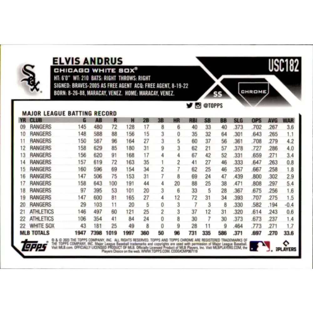 2023 Topps Chrome Update #USC182 Elvis Andrus NM-MT Chicago White Sox Baseball Card - Baseball Card Single