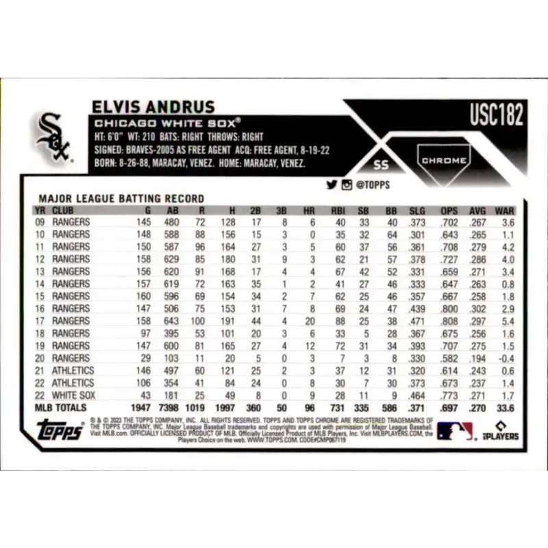 2023 Topps Chrome Update #USC182 Elvis Andrus NM-MT Chicago White Sox Baseball Card - Baseball Card Single
