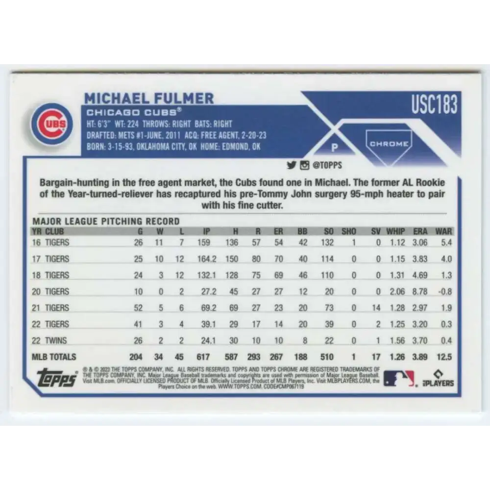 2023 Topps Chrome Update #USC183 Michael Fulmer NM-MT Chicago Cubs Baseball Card - Baseball Card Single