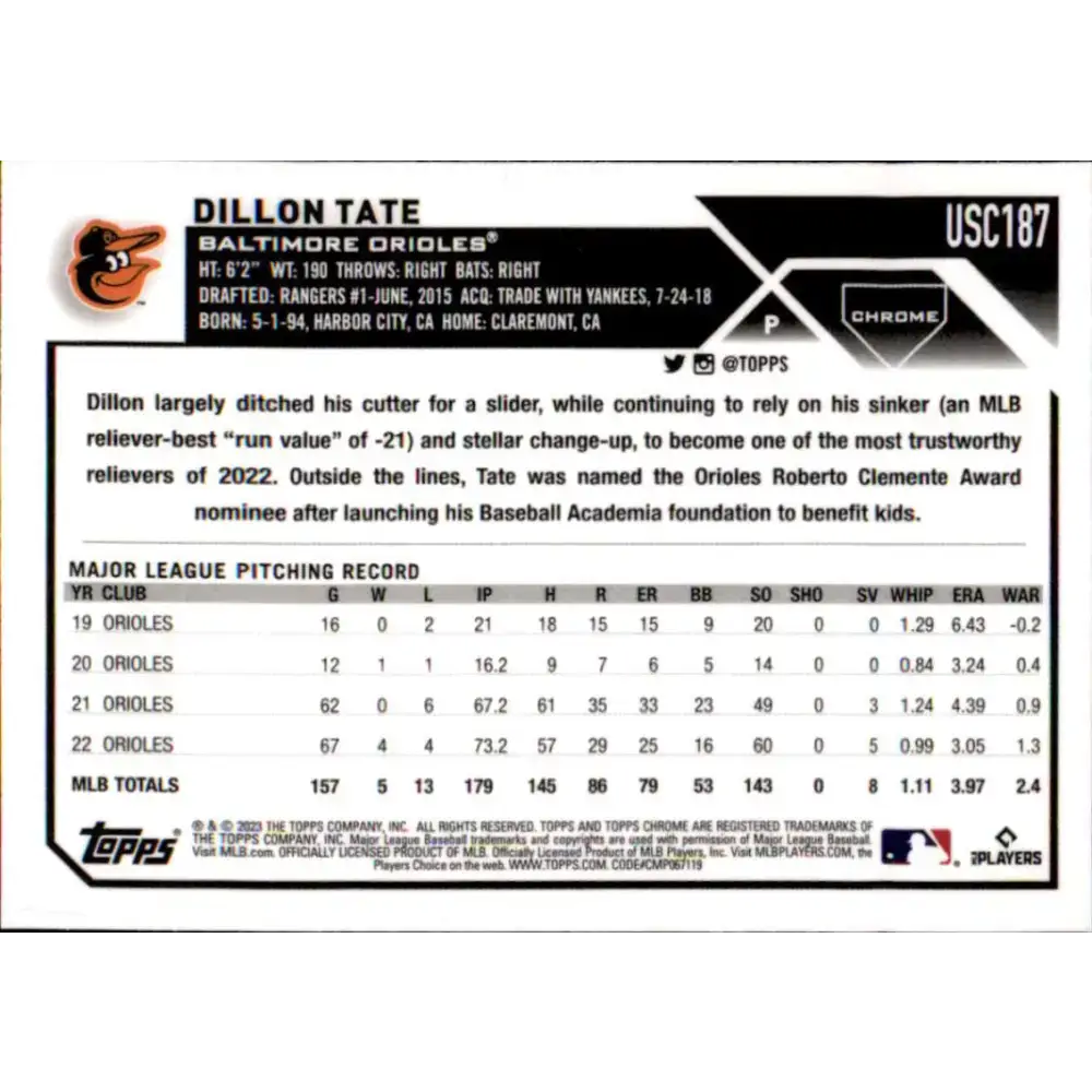 2023 Topps Chrome Update #USC187 Dillon Tate NM-MT Baltimore Orioles Baseball Card - Baseball Card Single