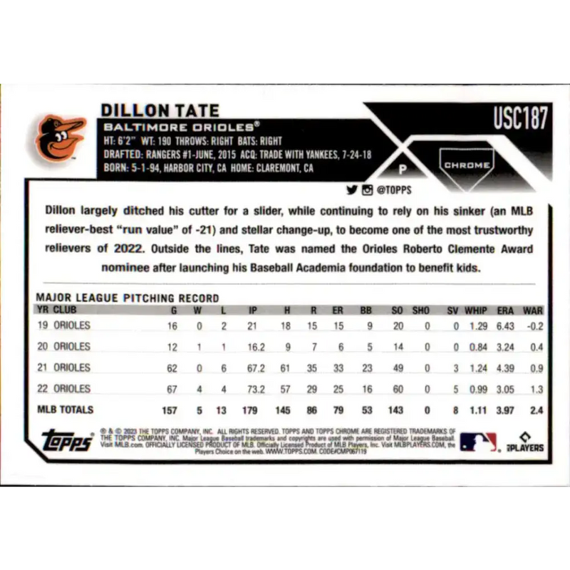 2023 Topps Chrome Update #USC187 Dillon Tate NM-MT Baltimore Orioles Baseball Card - Baseball Card Single