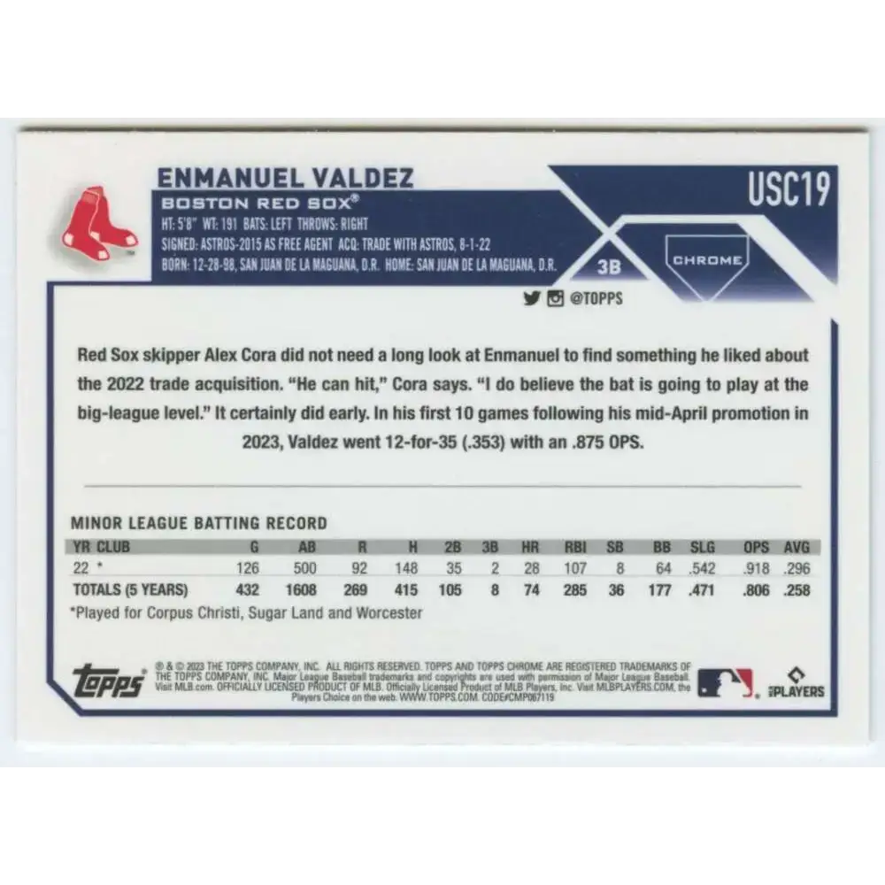 2023 Topps Chrome Update #USC19 Enmanuel Valdez NM-MT RC Rookie Boston Red Sox Baseball Card - Baseball Card Single