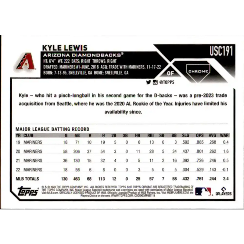 2023 Topps Chrome Update #USC191 Kyle Lewis NM-MT Arizona Diamondbacks Baseball Card - Baseball Card Single