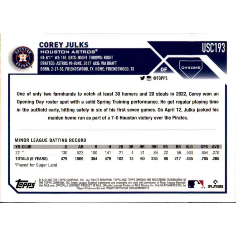 2023 Topps Chrome Update #USC193 Corey Julks NM-MT RC Rookie Houston Astros Baseball Card - Baseball Card Single