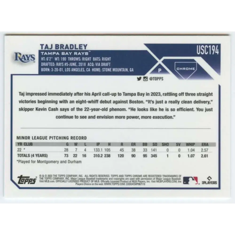 2023 Topps Chrome Update #USC194 Taj Bradley NM-MT RC Rookie Tampa Bay Rays Baseball Card - Baseball Card Single