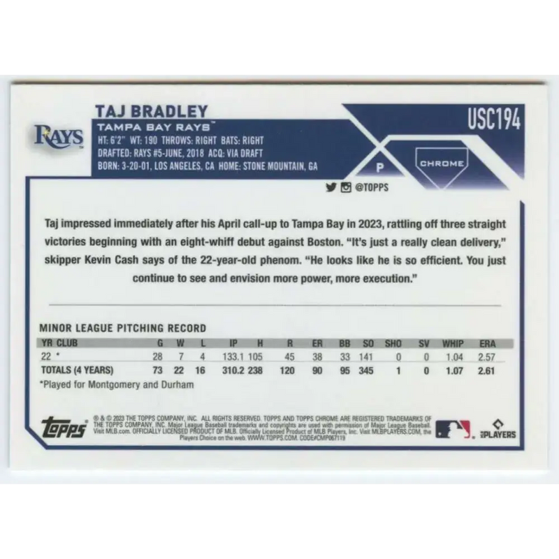2023 Topps Chrome Update #USC194 Taj Bradley NM-MT RC Rookie Tampa Bay Rays Baseball Card - Baseball Card Single