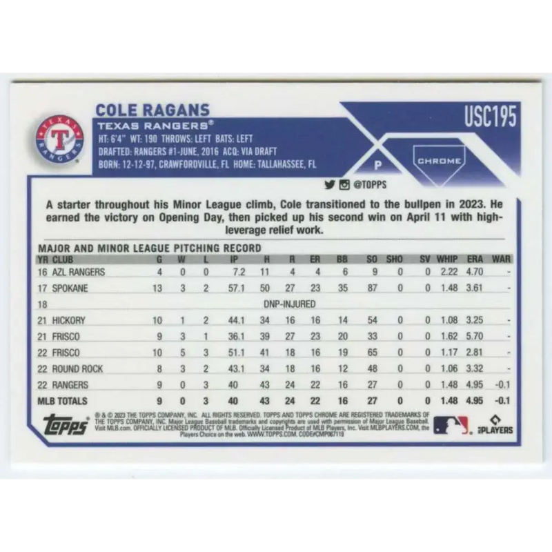 2023 Topps Chrome Update #USC195 Cole Ragans NM-MT RC Rookie Texas Rangers Baseball Card - Baseball Card Single