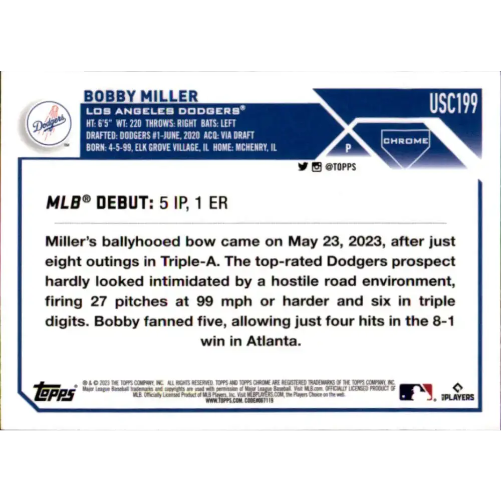 2023 Topps Chrome Update #USC199 Bobby Miller NM-MT Los Angeles Dodgers Baseball Card - Baseball Card Single