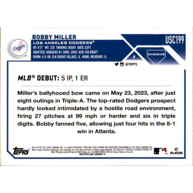 2023 Topps Chrome Update #USC199 Bobby Miller NM-MT Los Angeles Dodgers Baseball Card - Baseball Card Single