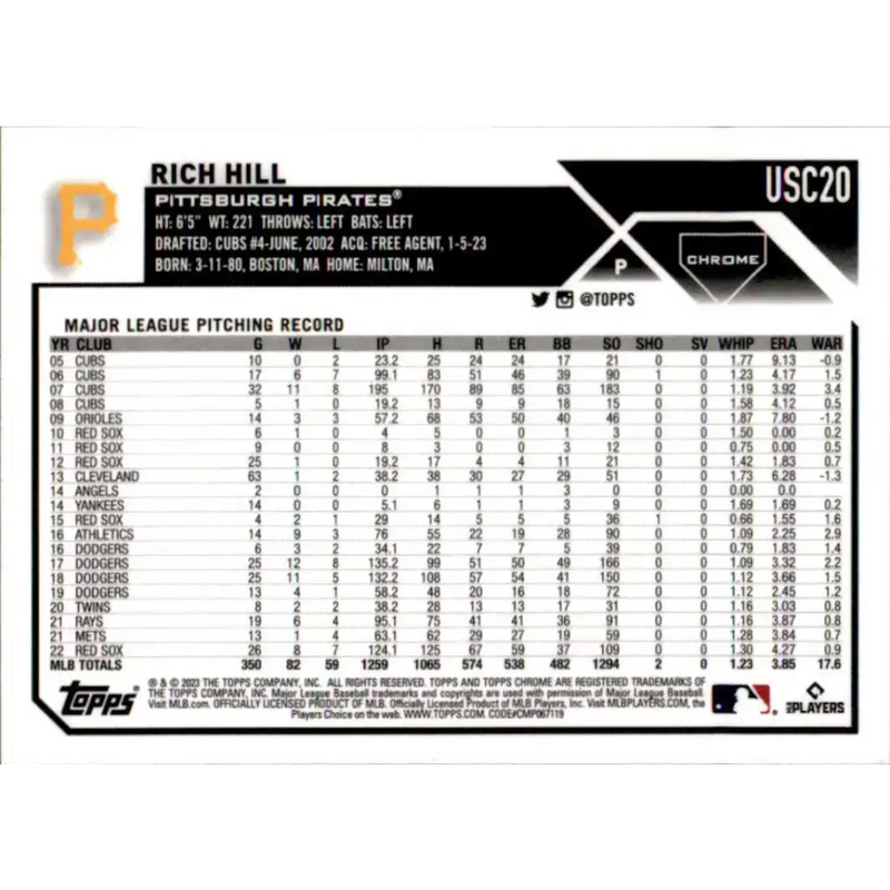 2023 Topps Chrome Update #USC20 Rich Hill NM-MT Pittsburgh Pirates Baseball Card - Baseball Card Single