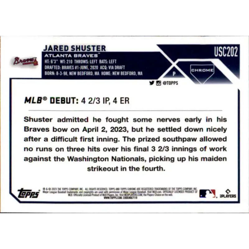 2023 Topps Chrome Update #USC202 Jared Shuster NM-MT Atlanta Braves Baseball Card - Baseball Card Single
